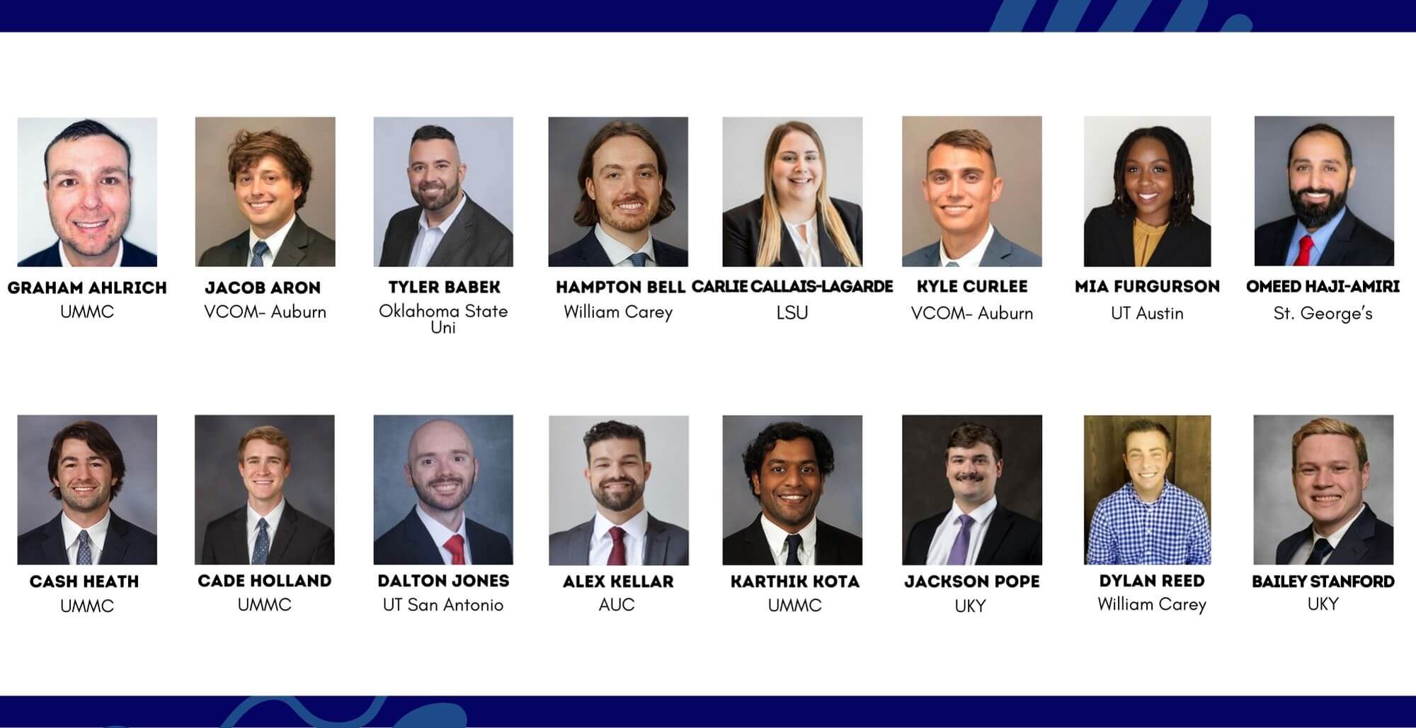 Emergency Medicine Residency Class of 2028: Graham Ahlrich- UMMC, Jacob Aron- VCOM-Auburn, Tyler Babek- Oklahoma State Uni, Hampton Bell- William Carey, Carlie Callais Lagarde- LSU, Kyle Curlee- VCOM-Auburn, Mia Furgurson- UT Austin, Omeed Haji-Ameiri- St. George's, Cash Heath- UMMC, Cade Holland- UMMC, Dalton Jones- UT San Antonio, Alex Kellar- AUC, Karthik Kota-UMMC, Jackson Pope- UKY, Dylan Reed- William Carey, Bailey Stanford- UKY 